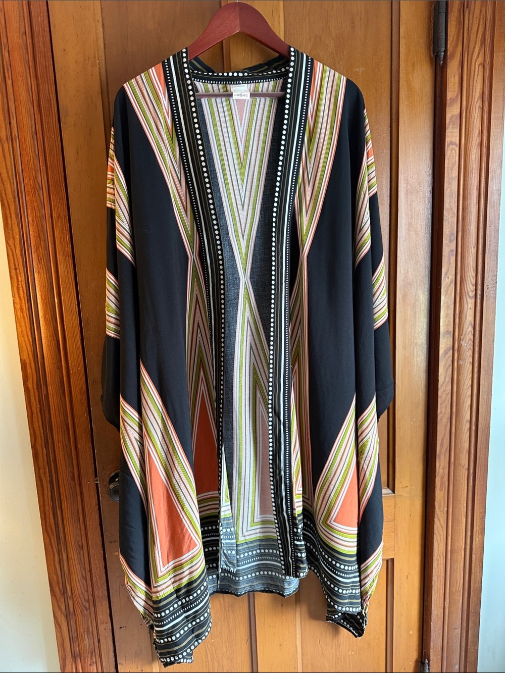 Black Geometric Striped Kimono with Coral & Olive Accents